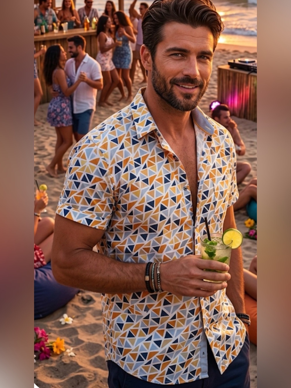 Cactus Short-Sleeve Geometric Button-Down Shirt - White/Yellow/Blue/E039